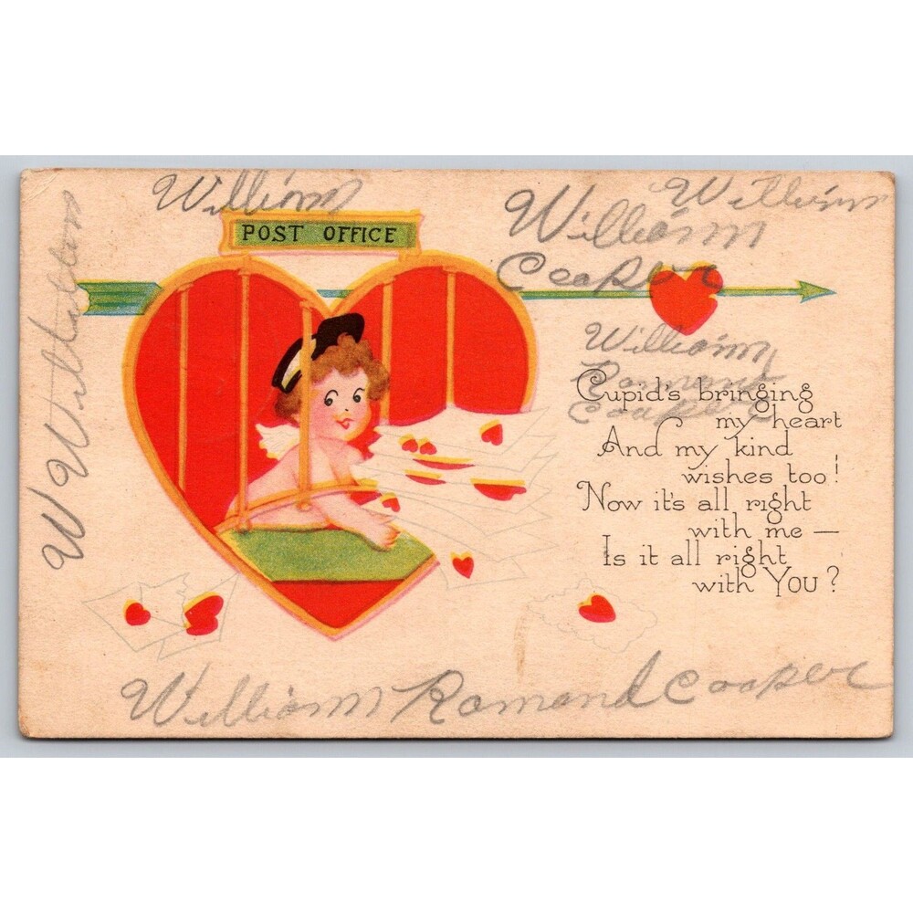 Postcard Valentine Post Office Heart Valentine's Day Posted MO 1925 Gibson Cupid